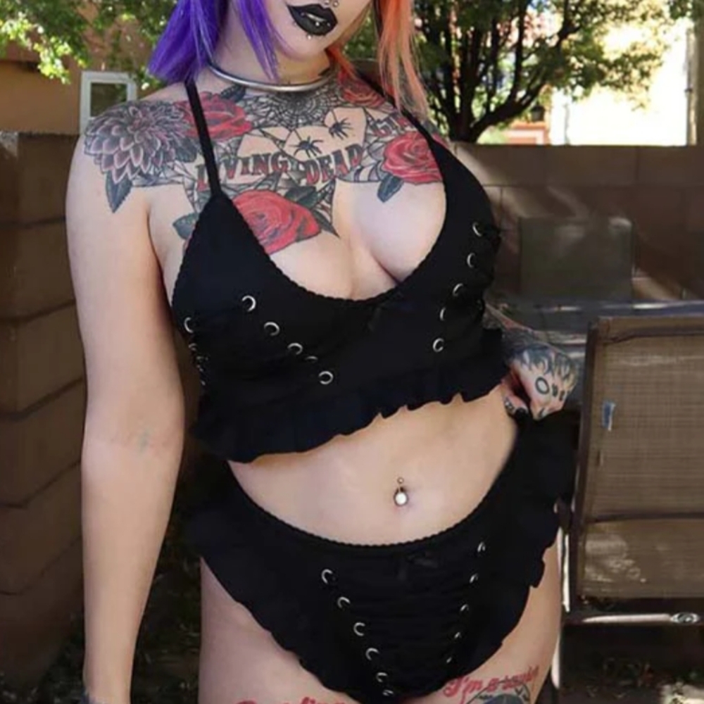 Black Lace-Up Ruffle Two-Piece Bikini Set - Women Swim